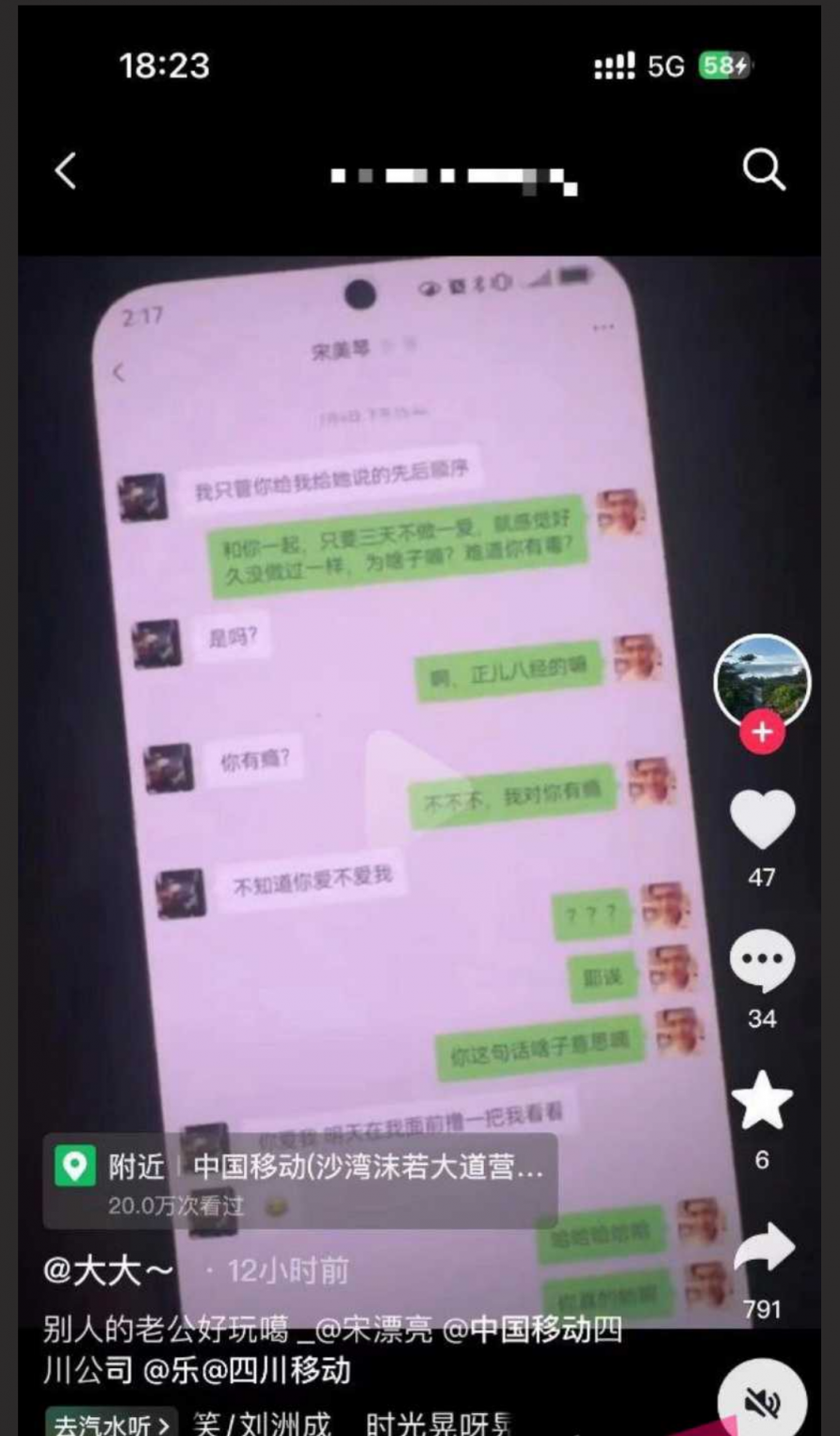 乐山移动高磊出轨女下属宋美琴 聊天记录不堪入目 “我不骚都要被强奸 更别说骚”