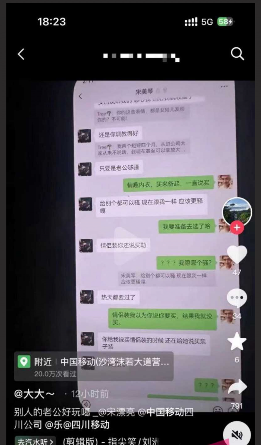 乐山移动高磊出轨女下属宋美琴 聊天记录不堪入目 “我不骚都要被强奸 更别说骚”