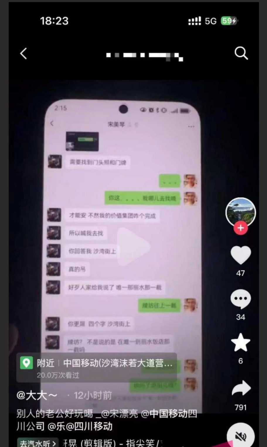 乐山移动高磊出轨女下属宋美琴 聊天记录不堪入目 “我不骚都要被强奸 更别说骚”